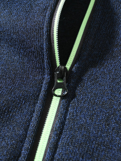 Men's Sporty Full-Zip Stand Collar Sweatshirt - Long Sleeve Casual Pullover with Neon Green Accents, Solid Color Non-Stretch Fabric, Regular Fit for Fall Winter