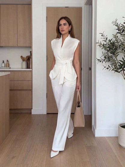 Women's Sleeveless Two-Piece Set with Bow Belt - Elegant Solid Color