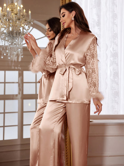 QYR Development 913 Women'S Solid Color Lace Spliced Belt Long Sleeve + Long Pants Pajamas Loungewear Set