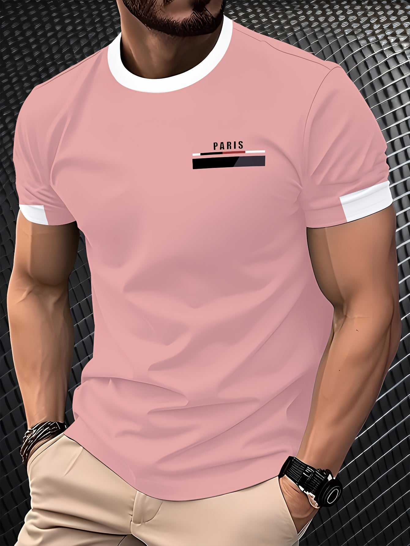 Men'S Paris Graphic T-Shirt - Green Polyester Crew Neck Tee with White Stripes  Print - Casual Sporty Knit Top for Casual Attire, Breathable Fabric