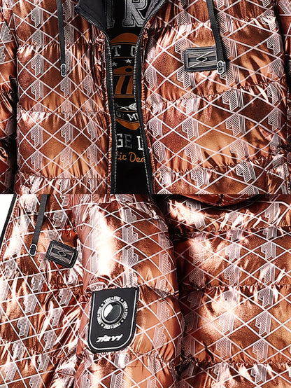 Men'S Stylish Hooded Winter Jacket - Thickened, Warm, and Trendy with Geometric Pattern, Black with Orange Accents, Polyester Filler, Perfect for Cold Weather, Winter Jacket Hooded