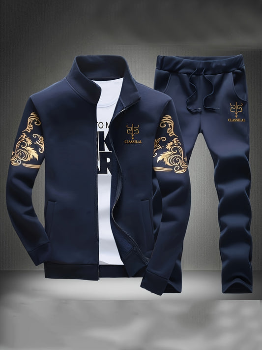 Men'S Navy Blue "Shan Yes" Print Casual Sports Suit - Zip-Up Hoodie & Joggers with Pockets, Regular Fit for Spring & Fall, Comfortable Leisure Wear, Leisure Wear Hoodie | Sporty Hoodie | Zipper Closure, Essential Hoodie
