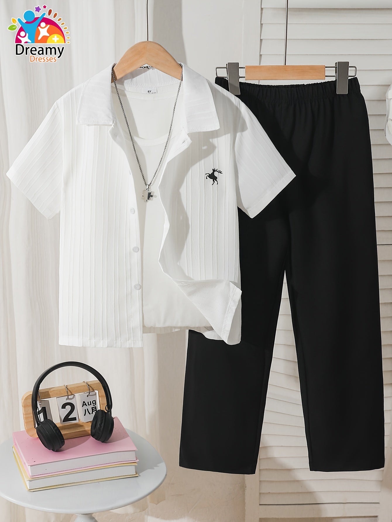 Boys' Summer Casual Button-Up Shirt & Elastic Waist Pants Set
