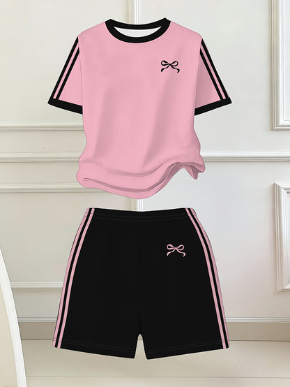 Girls' Butterfly Print Bow Short Sleeve Tee & Shorts Set