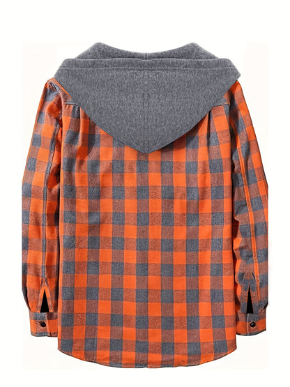 Plaid Shirt Coat For Men Long Sleeve Casual Regular Fit Button Up Hooded Shirts Jacket