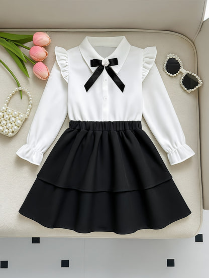 Girls' White Ruffle Sleeve Top & Black Layered Midi Skirt
