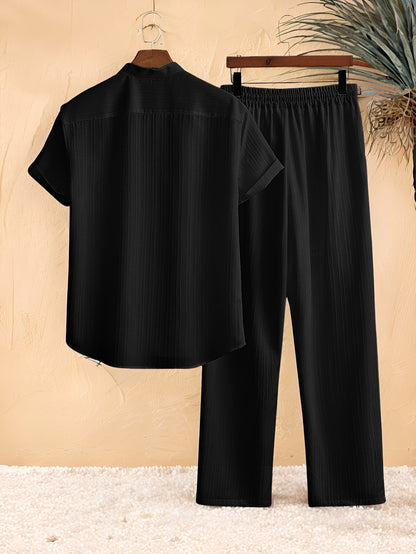 Casual 2pcs Set: Short Sleeve Stand Collar Shirt + Tie Straight Leg Pants, Suitable for Vacation Beach Outdoor Leisure Party