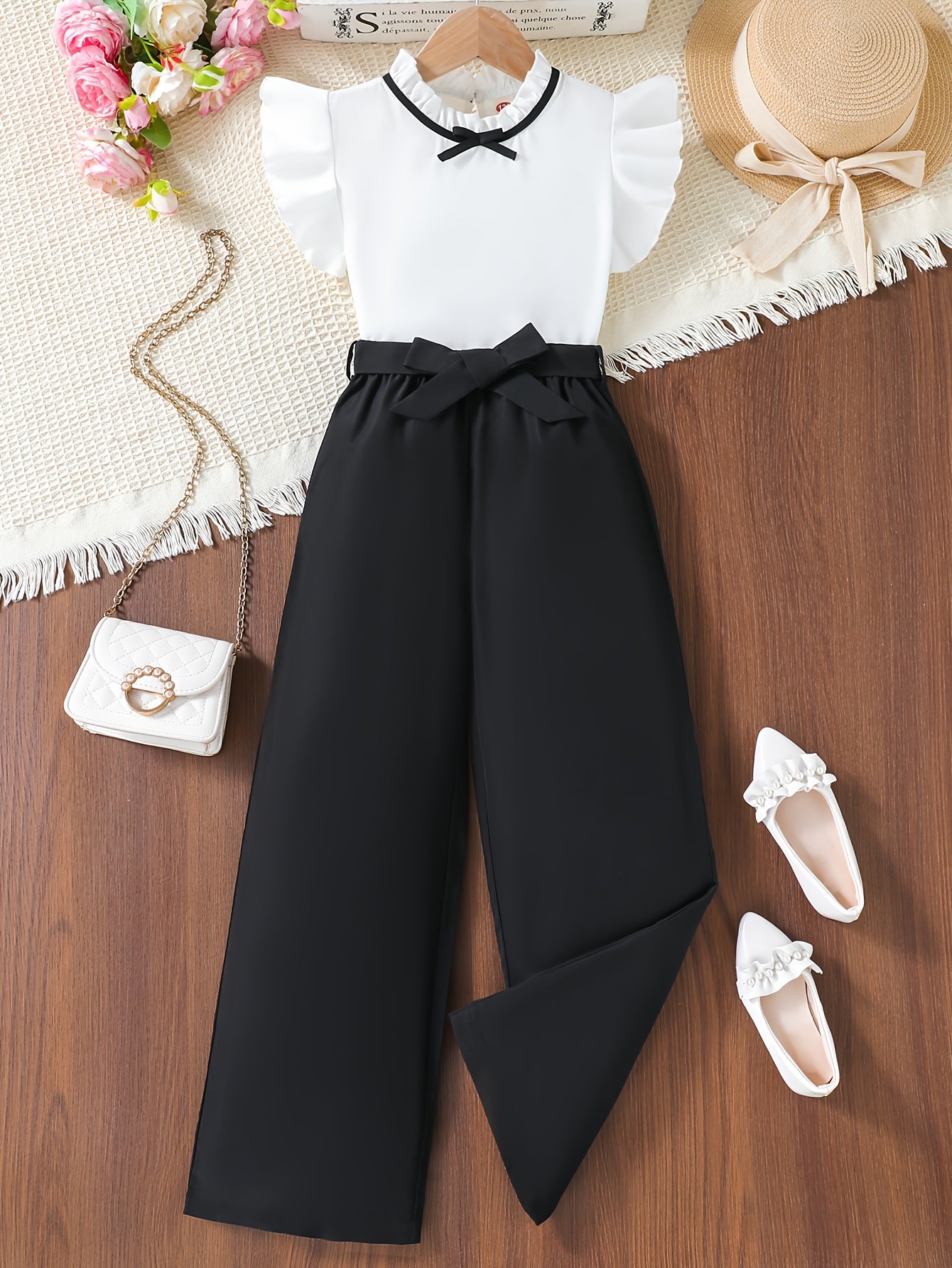 Girls' Preppy Summer Short Sleeve Top & Wide-Leg Pants Set