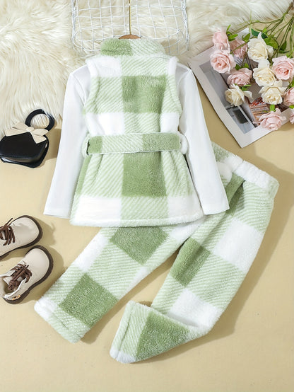 3pcs Plush Set Girl's Plaid Teddy Vest + Long-Sleeve Top + Teddy Pants, Casual outdoor Style Girls Winter/ Fall Clothes, Gift