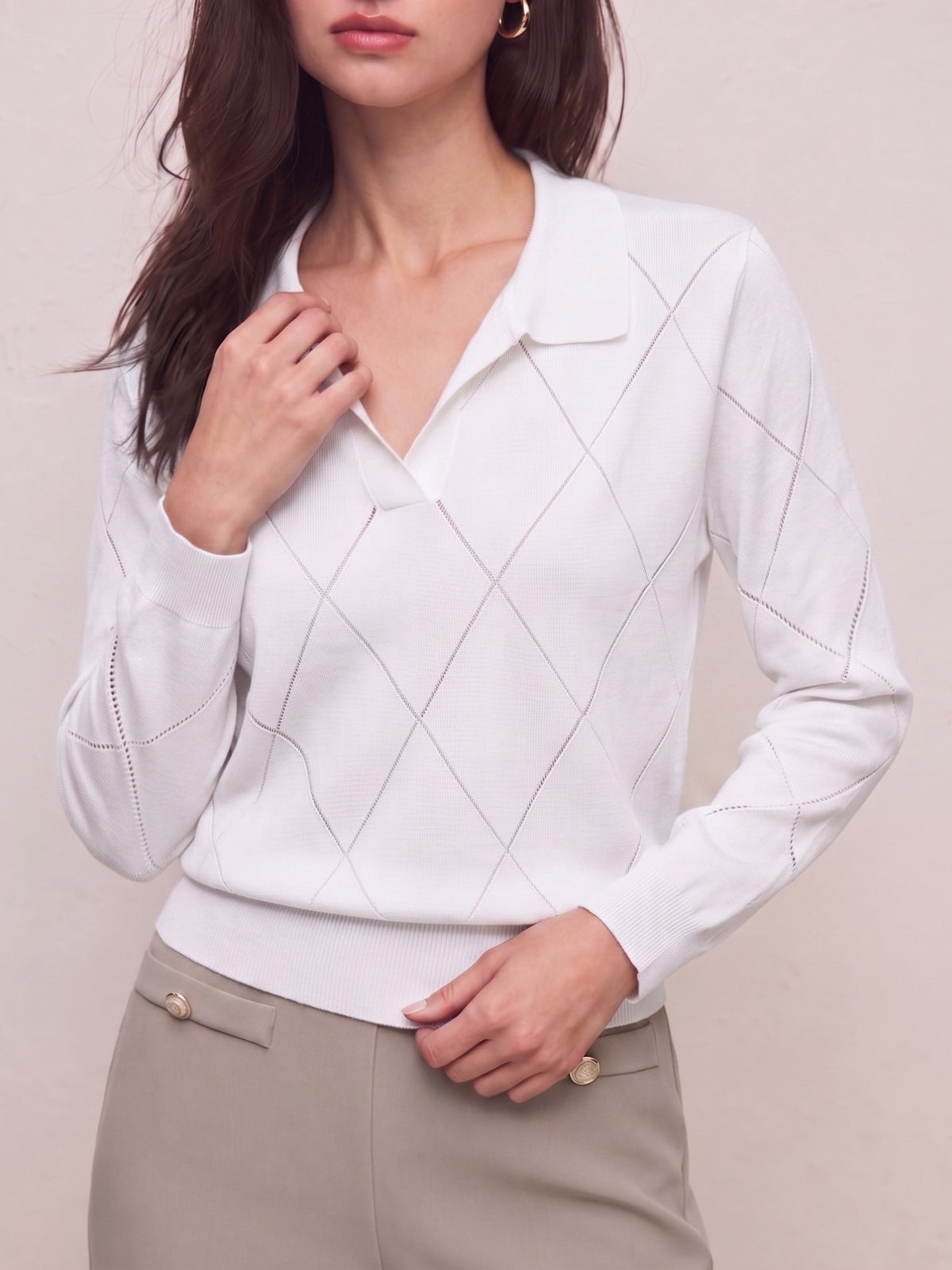 Elegant Women's Polo Neck Argyle Sweater with Loose Fit