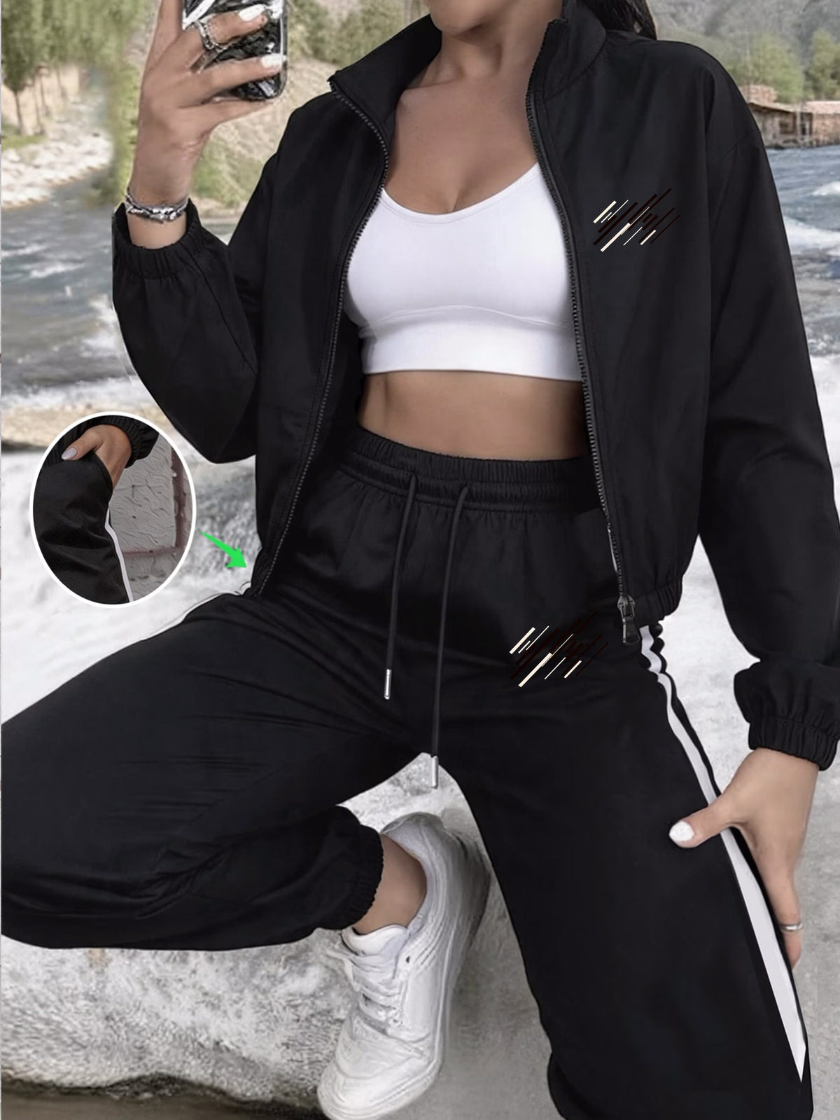 2pcs Geometric Print Polyester Jacket and Pants Set for All Seasons - ayq