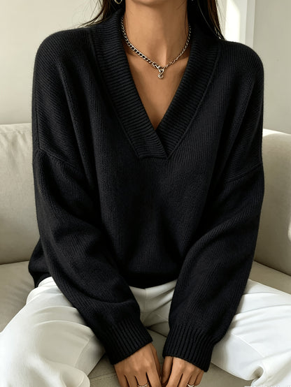 Plus Size Women's V-Neck Pullover Sweater with Double-Layer Collar