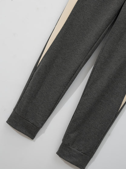 Men'S Casual Baseball Collar Jacket and Pants Set, Color Block Long Sleeve Sweatshirt and Sweatpants, Polyester Woven Suit with Button Detail, Spring/Fall Collection