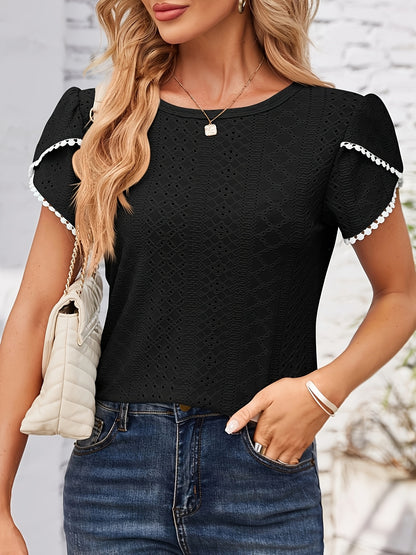 Women'S Elegant Blouse - Soft Pink Round Neck T-Shirt with Floral-like eyelet details, Breathable Loose Fit Top for Casual & Formal Outfits - Everyday Summer Shirt for Women, Ladies T Shirts, Versatile Clothing, Feminine Styl