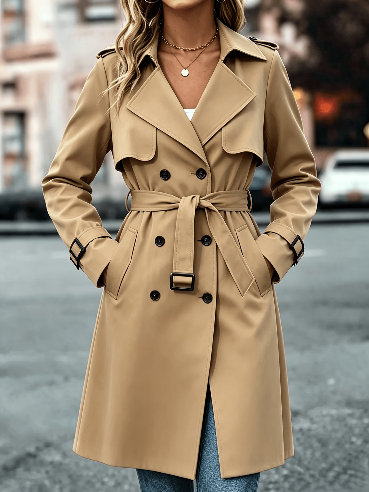 Elegant Solid-Color Double-Breasted Trench Coat with Belt