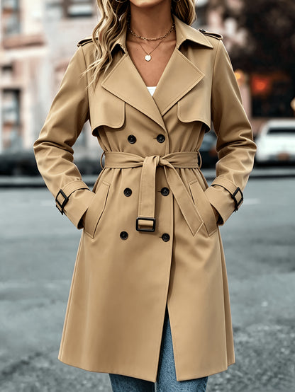 Elegant Solid-Color Double-Breasted Trench Coat with Belt