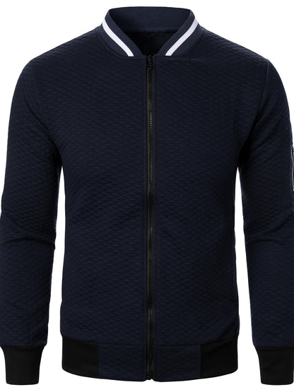 Men's Casual Full Zip Bomber Jacket, Warm Comfy Blouson Jacket For Autumn And Winter Outdoor Activity