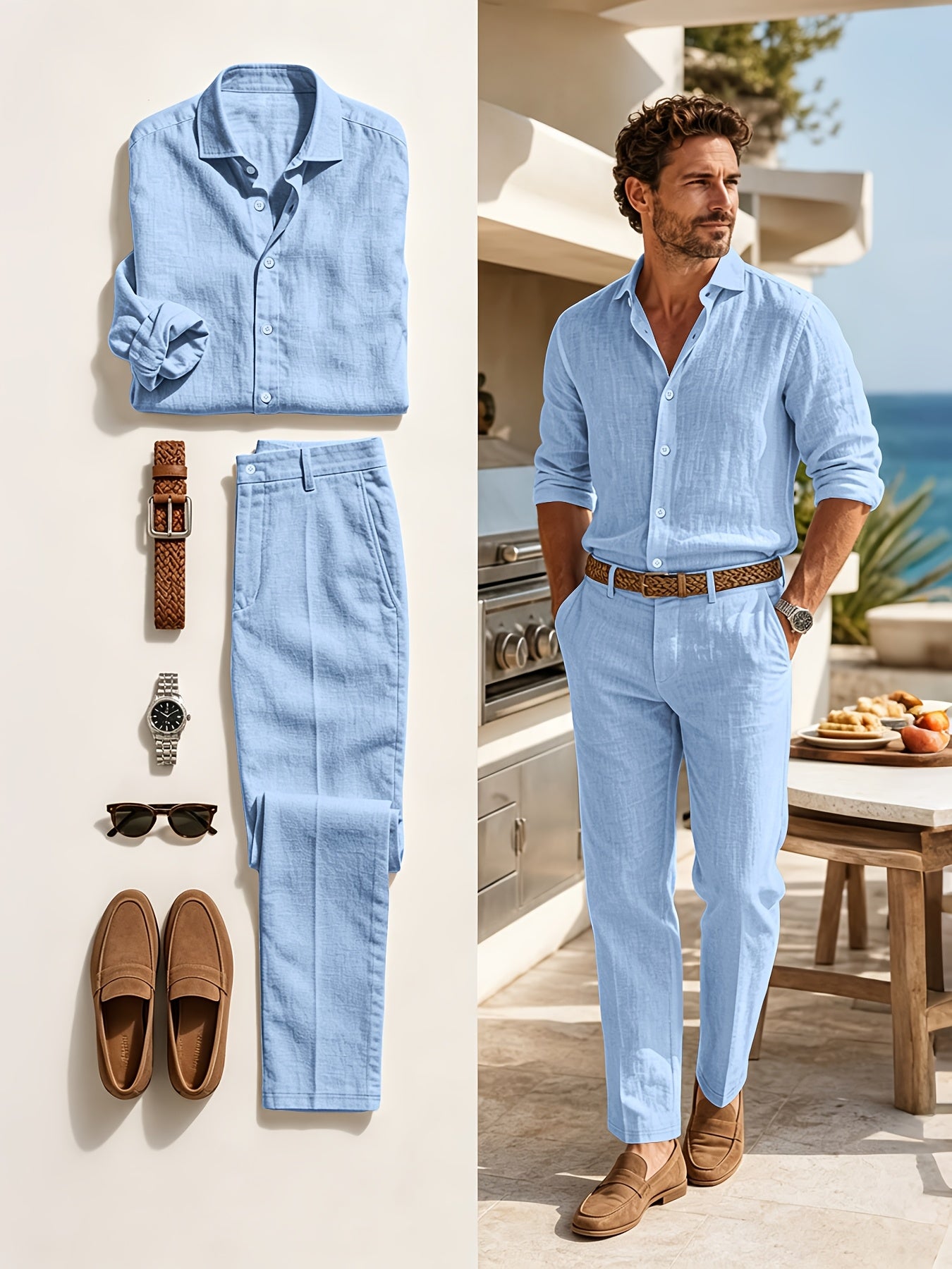 Men's White Linen Casual 2-Piece Set for Summer & Beach
