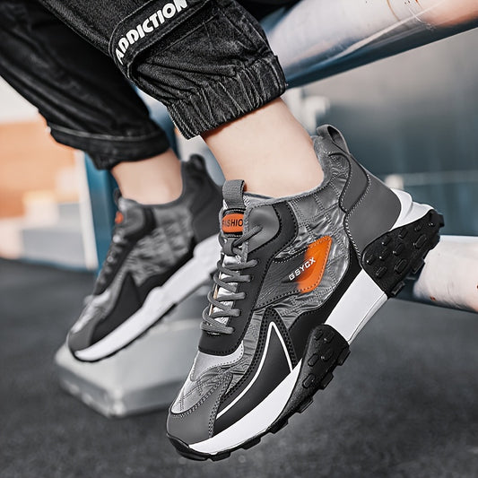 Men's Fashion Color Block Plush-Lined Warm Winter Sneakers - High Top Stability Running Shoes with Lace Closure for Casual and Outdoor Activities - Sports Style with Striped/Plaid Solid Color, PU & Fabric Upper, EVA Insole
