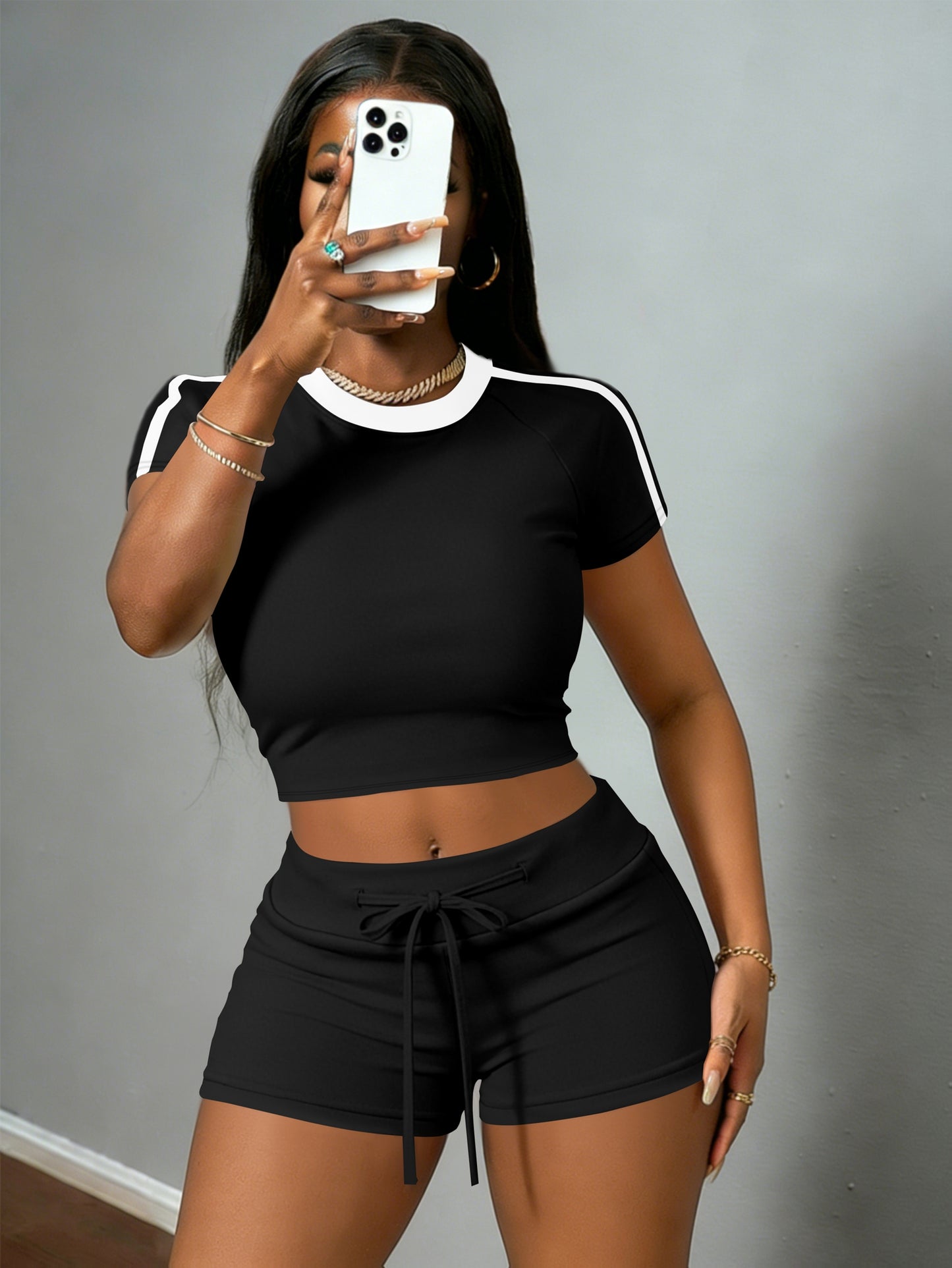 Women's Casual Crop T-Shirt & High-Waist Drawstring Shorts Set