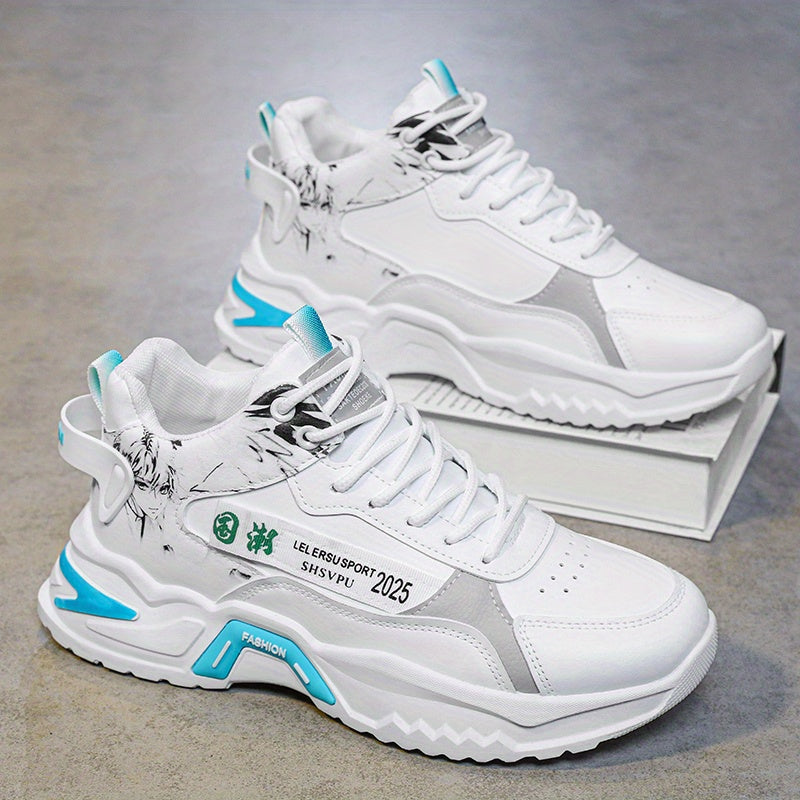 Men's Sneakers - Thick Platform Cushioned Sole, Lace-Up Closure, PU Upper  Non-Slip PVC Outsole - All-Season Gym, Casual, Everyday Sneakers - Black/White Colorway - Affordable Men's Footwear, Casual Walking, Trendy Kicks, Co