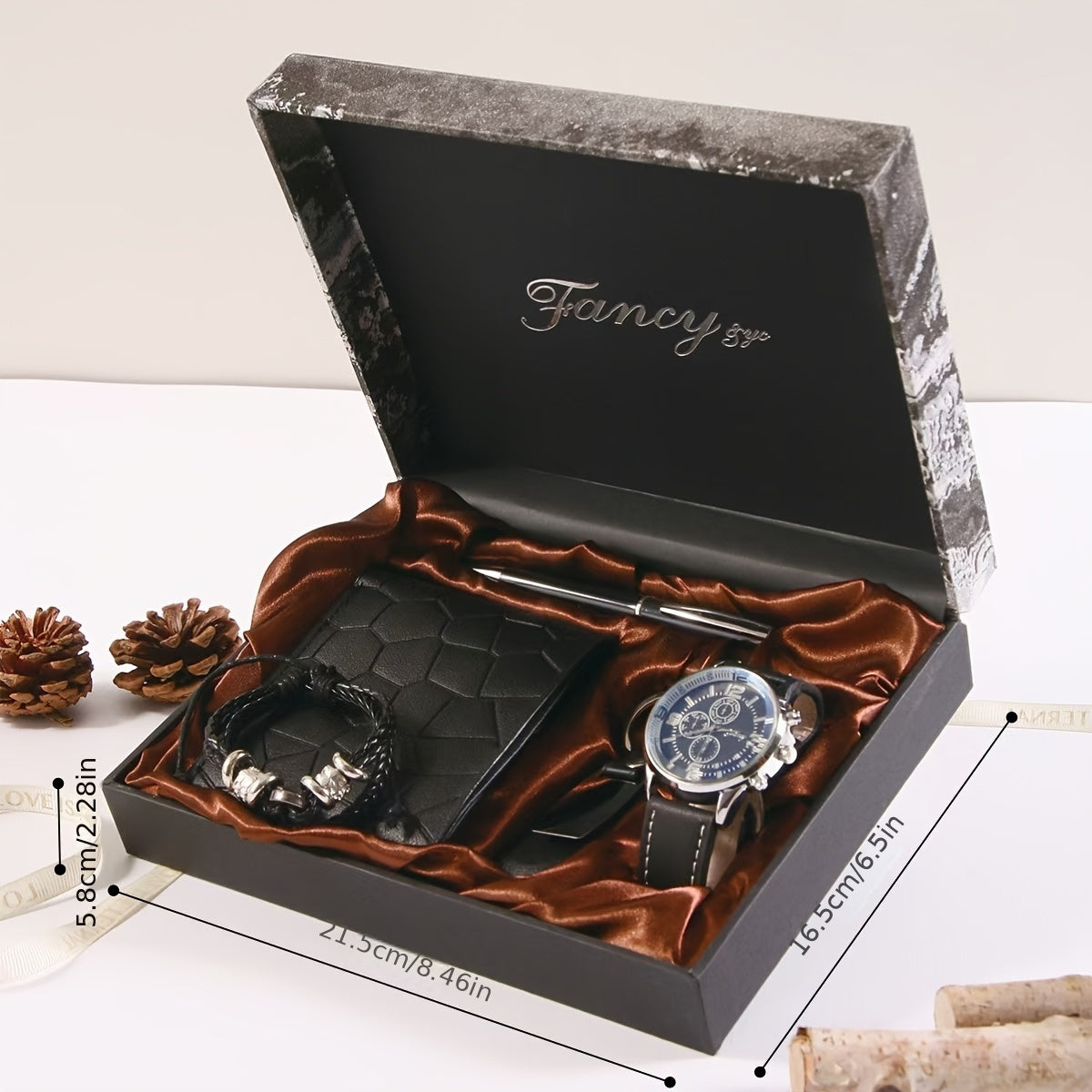Christmas Gift Box Set of Six, Wallet + Watch + Bracelet + Keychain + Pen + Wooden Gift Box