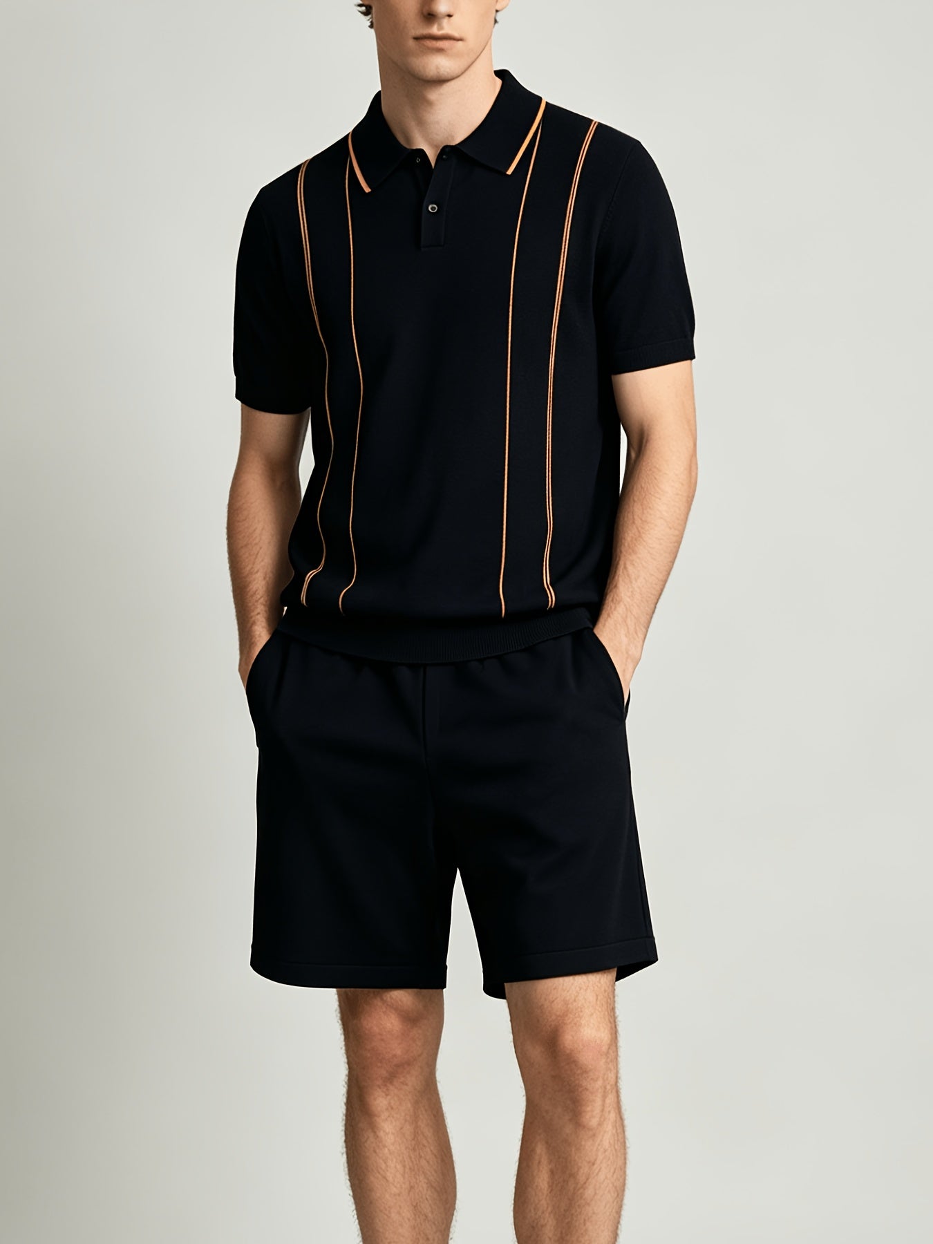 Men's Contrast Knit Polo & Loose Waist Shorts Set, Casual Fit