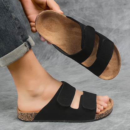Wide Band PU Flat Slippers with Adjustable Iron Buckle - All Season