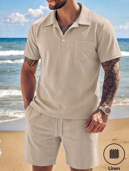 Men's Casual Linen Polo Shirt & Loose Shorts Set for Summer