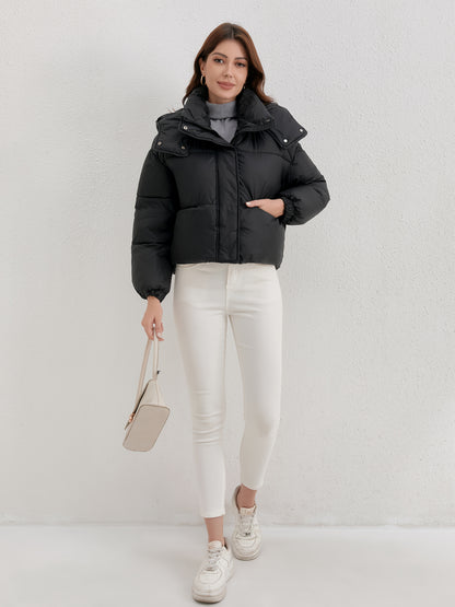 Women'S Lightweight Hooded Jacket - Warm Winter Coat with Full-Zip Closure, Stand Collar, Outer Shell - Easy-Care Cold Weather Outerwear for Everyday & Formal, Winter Jacket, Casual Winter Wear, Highneck Design, Durable Winte