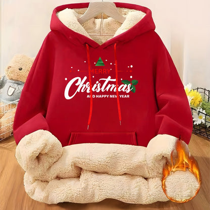 Women'S Plus Size Winter Warm Hooded Sweatshirt with Merry Christmas & Happy New Year Print - Thick Fleece-Lined Oversized Pullover, Cozy Casual Sweater for Christmas, Halloween Gifts, Christmas Sweatshirt, Festive Clothing,