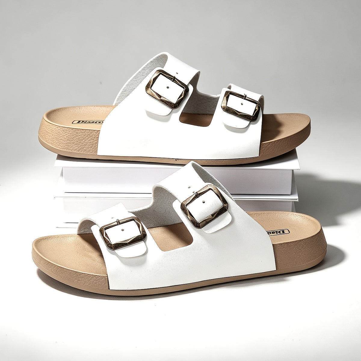 Unisex Retro Slide Sandals with Metal Buckle, Casual Double Strap