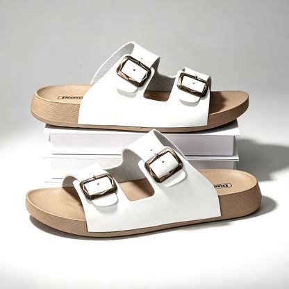 Unisex Retro Slide Sandals with Metal Buckle, Casual Double Strap