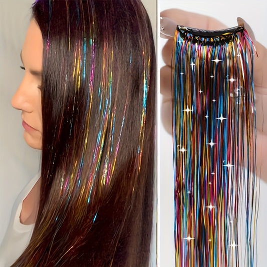 60.96cm Glitter Hair Tinsel Extensions Clips - Heat-Resistant Shiny Fairy Hair Accessories for Women, Vibrant Multicolor Strands, Perfect for Christmas Gifts & All Ages, Festive Hairpiece, Festive Hairpiece | Vibrant Hairpiec