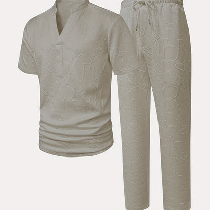 Men'S Stand Collar Loose V-Neck and Drawstring Waist Pants Henley Shirt Set
