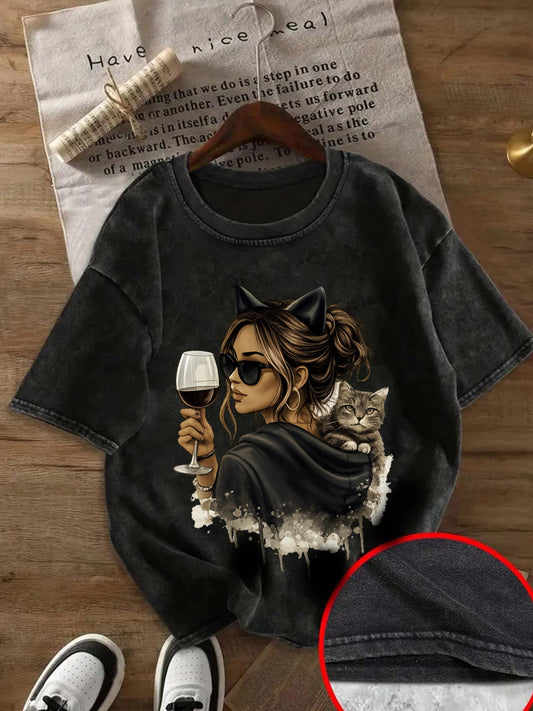 Vintage Cat Graphic Cotton Blend T-Shirt for Women - ayq