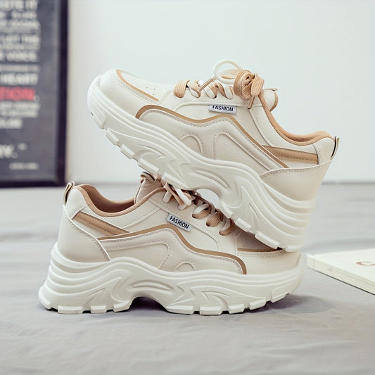 Women's Trendy Chunky Sneakers - Breathable Lace-Up Dad Shoes with Thick PVC Sole, White  Beige Two-Tone Design, Versatile Low-Top Style for Casual Attire