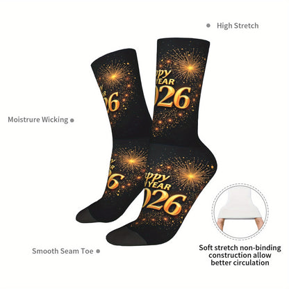 1pc Harajuku Happy New Year 2026 Crew Socks - Black with Golden Glitter "Happy New Year 51.46meter Print, Versatile Sports & Fitness Socks for Men, Women, and Gifts, Hand Wash or Dry Clean, Festive Socks | Festive Crew Socks