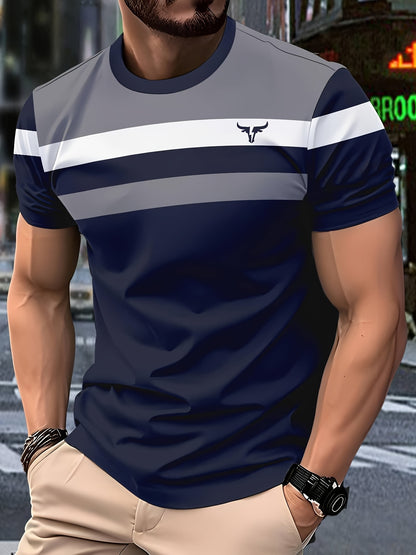 Men'S 3D Digital Print Short Sleeve T-Shirt - Vibrant Color Block Stripes  Bull Head Logo, Breathable Lightweight Fabric, Regular Fit All-Season Casual Top, Durable Urban Style Tee, Versatile Clothing, Modern Fashion, Comfor