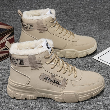 Men'S Winter Boots - Thermal Insulated Anti-Slip Snow Shoes with Cushioned Insole, Beige/Tan Cold Weather Boots for Ice, Snow, and Everyday - Lace-Up Ankle Support, Durable PVC Outsole - Ideal for Hiking, Urban Commute, and O