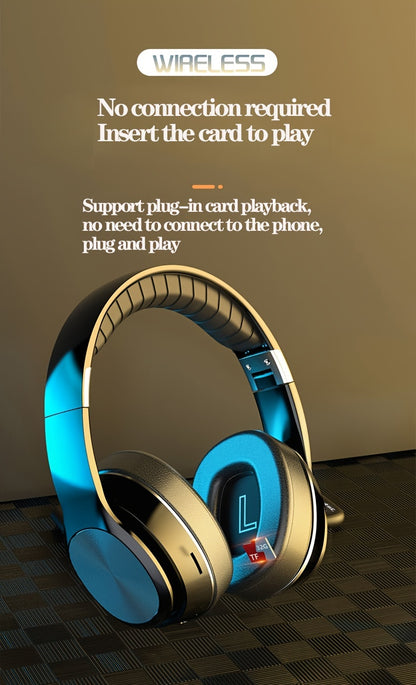 High-End Over-Ear Wireless Headphones with Metal Folding Design, Surround Sound, Wireless, TF Card/Radio Modes, USB-C Charging, Ergonomic Comfort for Sports, Gaming & Running - Blue & Golden