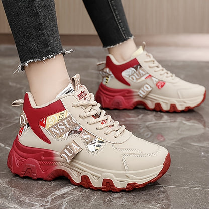 Women's Breathable Lightweight Running Shoes - Trendy Color Block Design with "NO Fear Limits" Print, Casual Athletic Sneakers, Lace-Up Closure, Beige  Red Upper, Rubber Sole, All-Season Wear, Ladies Sneakers, Sporty Lifesty