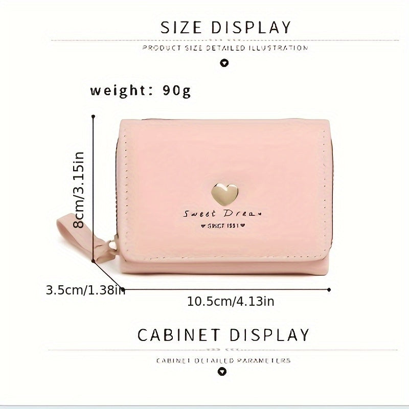 New Women'S Short Wallet, Cute Korean-Style Heart-Shaped, Large Capacity with Multiple Card Slots, Trendy Tri-Fold Design.