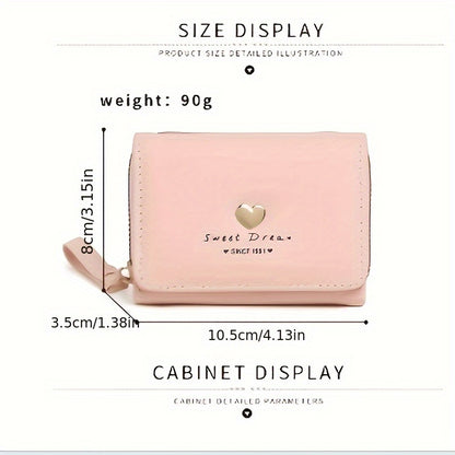 New Women'S Short Wallet, Cute Korean-Style Heart-Shaped, Large Capacity with Multiple Card Slots, Trendy Tri-Fold Design.