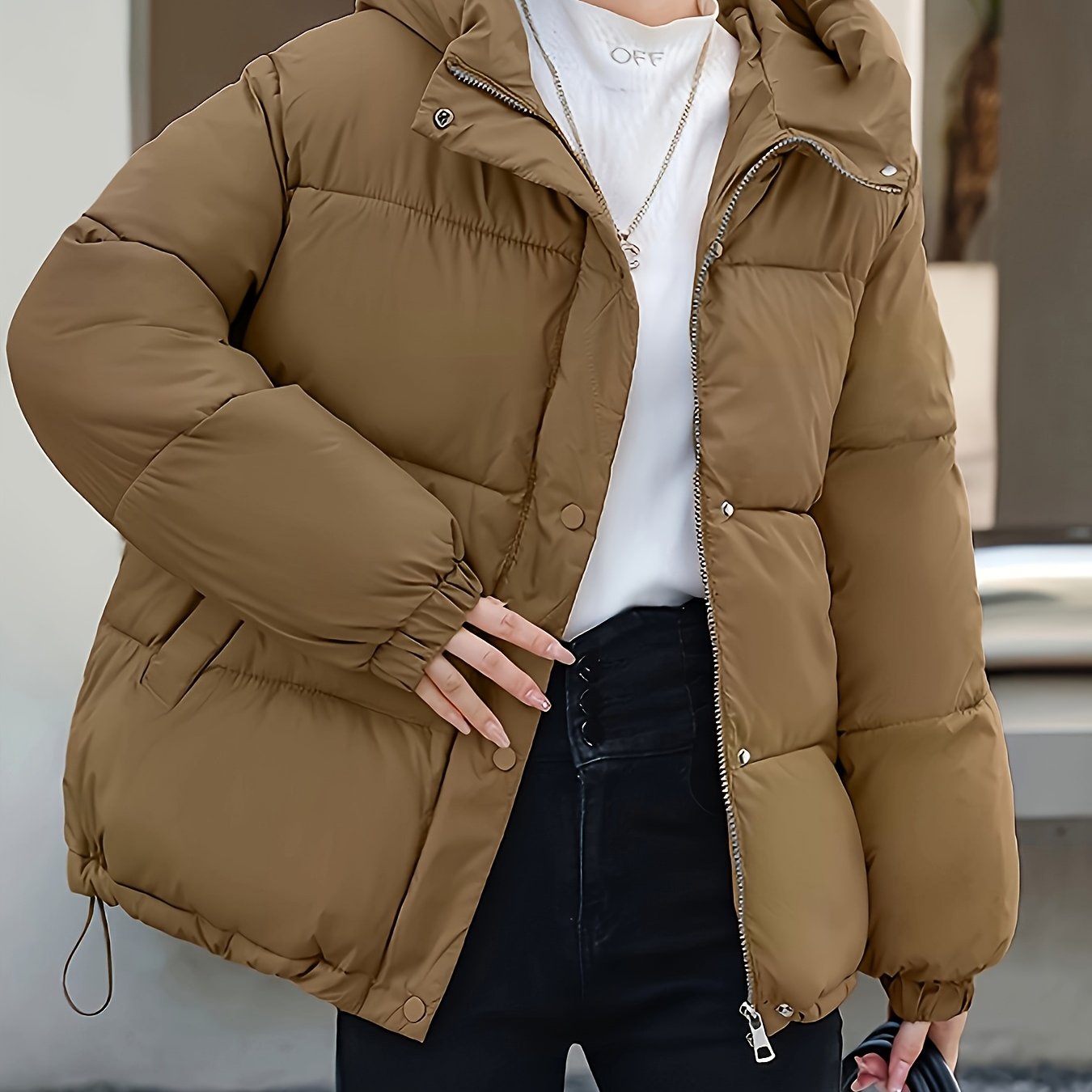 Women'S Stylish Winter Zip-Up Hooded Jacket - Casual Thickened Outerwear with Pockets, Long Sleeve, Non-Stretch Fabric, Solid Color, 100g/m², Perfect for Cold Weather, Winter Clothes