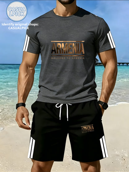 Men's Casual Short-Sleeve Top and Shorts Set with Print