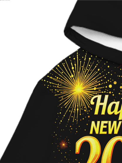 Men's 2026 New Year Fireworks Print Hooded Sweatshirt - Winter Warm Loose-Fit Pullover Hoodie with Firework Patterns, Machine Washable Casual Sweater for Christmas & NYE Parties (Red/Golden/White)