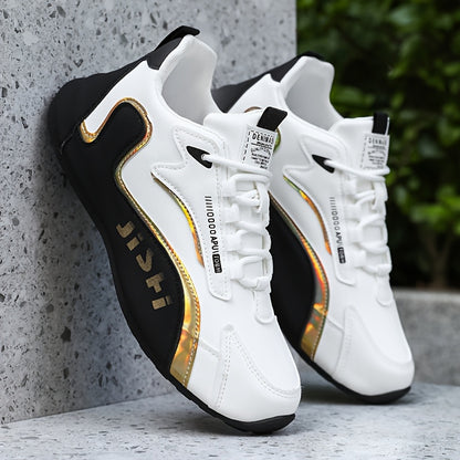 Letter Print. Casual Fashion. Low Top. Lace-Up. Solid Color. Comfortable. Good Grip. Unisex. Multifunctional. Skate Shoes. Men'S Casual Sports Sneakers Breathable, Non-Slip Running Shoes, Soft Sole, Golden And Black Design. G - ayq