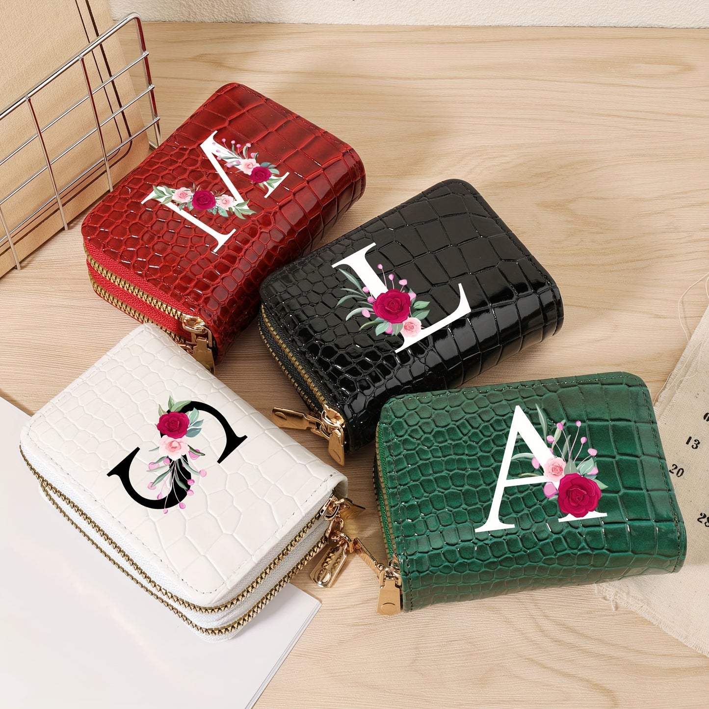 Minimalist Women'S Short Wallet Featuring a Double Zipper Design, with a Crocodile A-Z Letter Pattern. This Stylish Handbag Also Serves As a Fashionable Coin Wallet, Perfect for Travel, Back-To-School, Or Parties.