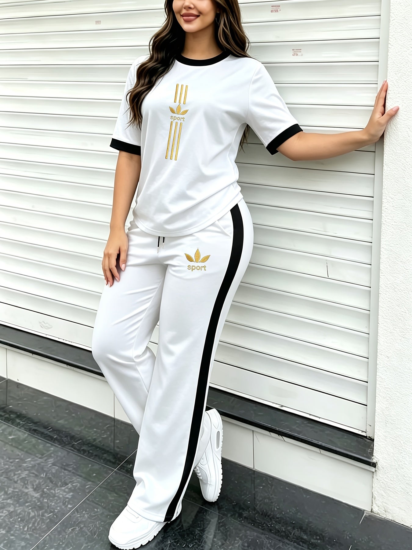 Women's Casual Letter Logo Short-Sleeve T-Shirt & Wide-Leg Pants Set